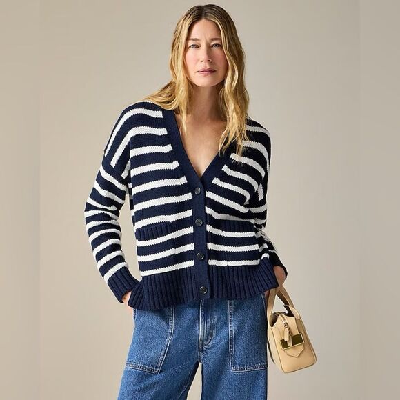 NWT J CREW Heritage cotton relaxed cardigan in stripe in Navy/Ivory - Picture 6 of 6